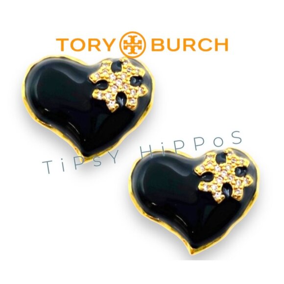 Beautiful Tory Burch Gold & Black Heart Shaped Earrings - Picture 2 of 4